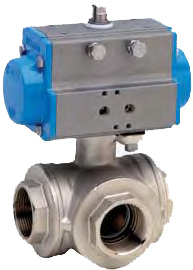 Art. 3500+DA/SR, 3-way ball valve, brass, threaded connection, T-bore, with pneum. actuator DA/SR