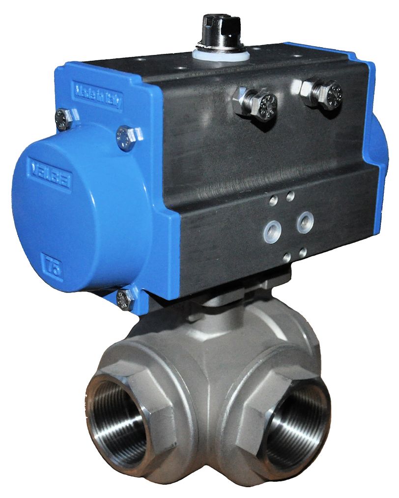 Art. V3CT+DA/SR: 3-way ball valve, stainless steel, threaded connection, T-bore, with direct mounting pneum. actuator DA/SR